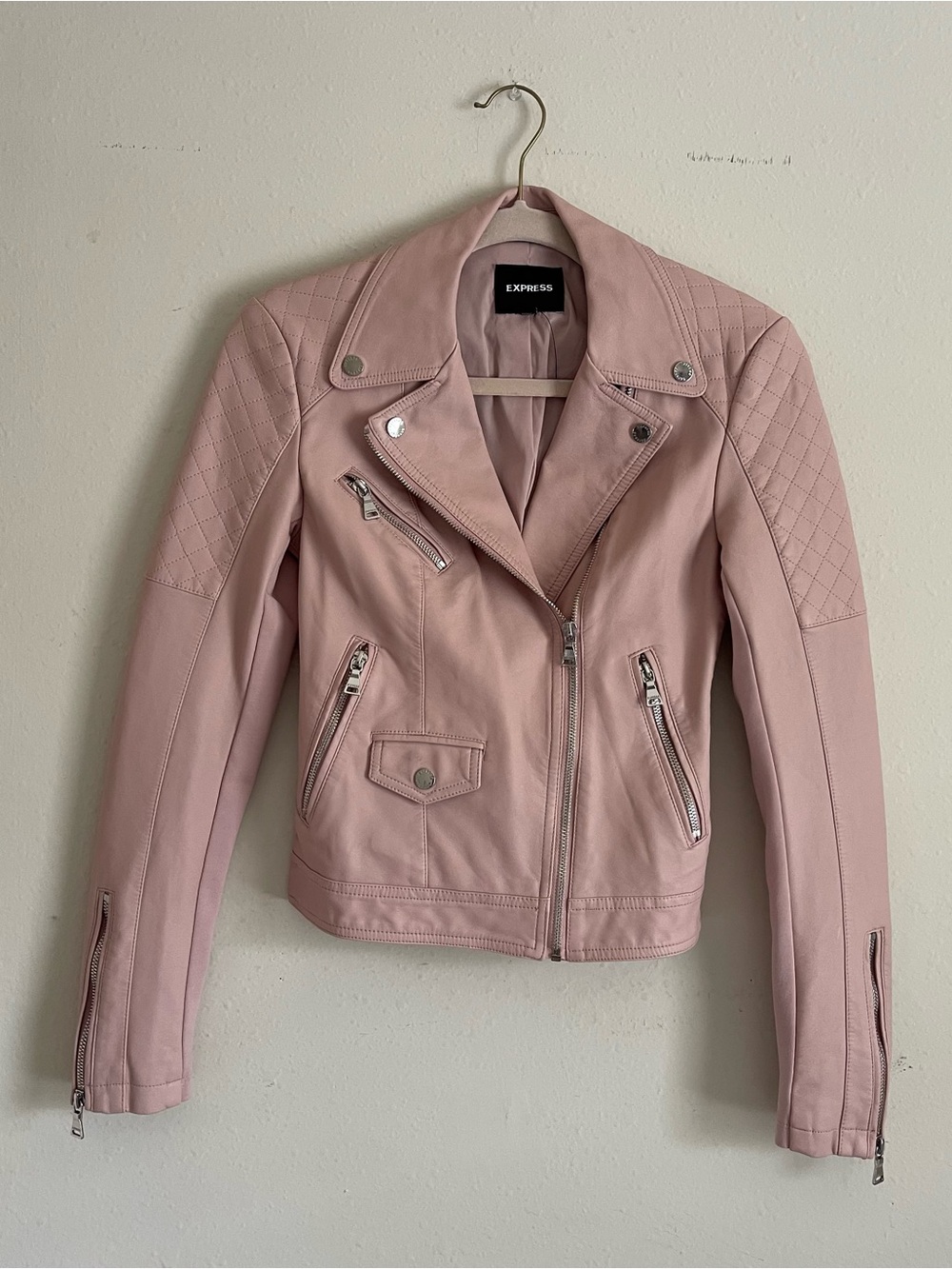 Express Pink Quilted Leather Moto Jacket